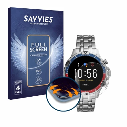 Front side of a product packaging with the brand logo Savvies. Next to it is the device Fossil Garrett HR (5. Gen) shown with