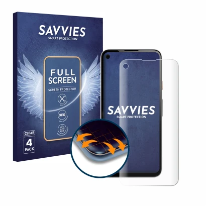 Front side of a product packaging with the brand logo Savvies. Next to it is the device Google Pixel 4a shown with the corresp