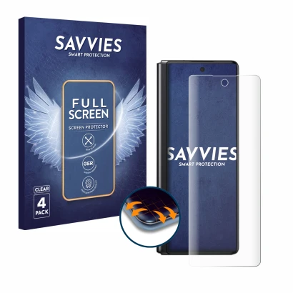 Front side of a product packaging with the brand logo Savvies. Next to it is the device Samsung Galaxy Z Fold 2 5G shown with 