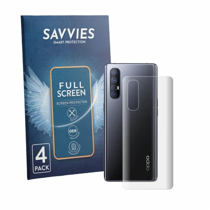 Front side of a product packaging with the brand logo Savvies. Next to it is the device Oppo Find X2 Neo (Back) shown with the