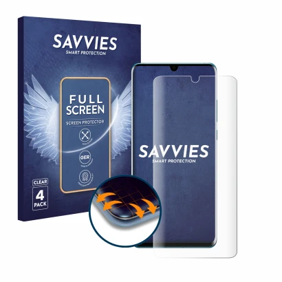 Front side of a product packaging with the brand logo Savvies. Next to it is the device Huawei P30 Pro New Edition shown with