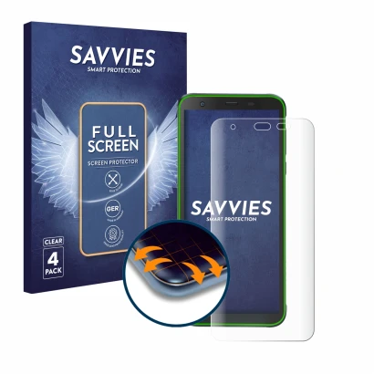 Front side of a product packaging with the brand logo Savvies. Next to it is the device Blackview BV6300 Pro shown with the co