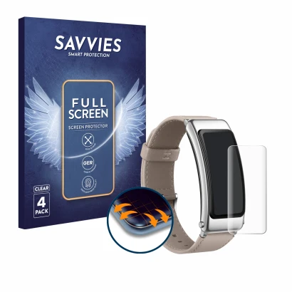 Front side of a product packaging with the brand logo Savvies. Next to it is the device Huawei TalkBand B6 shown with the corr