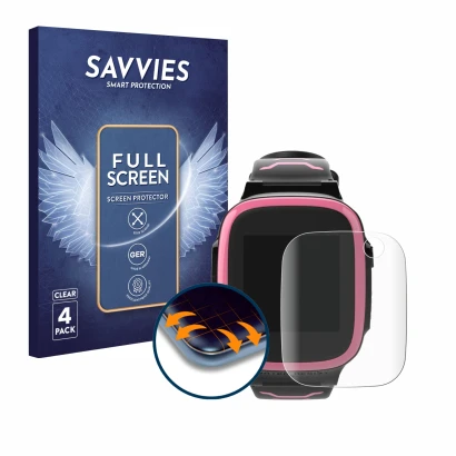 Front side of a product packaging with the brand logo Savvies. Next to it is the device Xplora X5 Play shown with the correspo