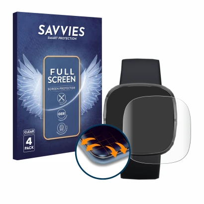 Front side of a product packaging with the brand logo Savvies. Next to it is the device Fitbit Sense shown with the correspond