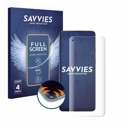 Front side of a product packaging with the brand logo Savvies. Next to it is the device OnePlus 8T shown with the correspondin