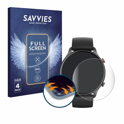 Front side of a product packaging with the brand logo Savvies. Next to it is the device Huami Amazfit GTR 2e shown with the co