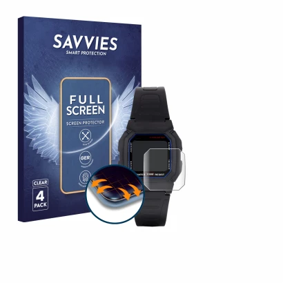 Front side of a product packaging with the brand logo Savvies. Next to it is the device Casio W-800H-1AVES shown with the corr