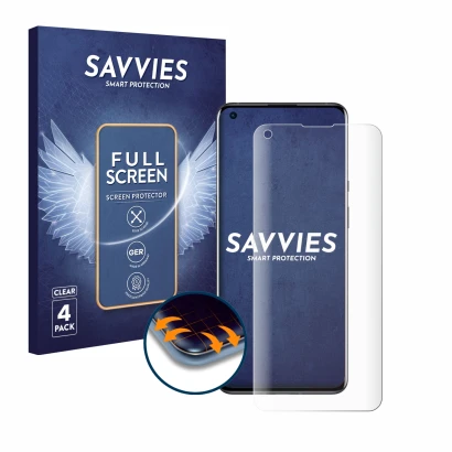 Front side of a product packaging with the brand logo Savvies. Next to it is the device OnePlus 9 Pro shown with the correspon