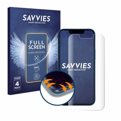 Front side of a product packaging with the brand logo Savvies. Next to it is the device Apple iPhone 13 mini shown with the co