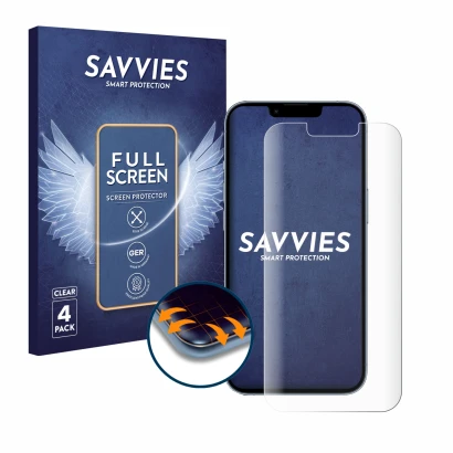 Front side of a product packaging with the brand logo Savvies. Next to it is the device Apple iPhone 13 Pro shown with the cor