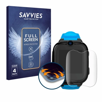 Front side of a product packaging with the brand logo Savvies. Next to it is the device Xplora XGO2 shown with the correspondi