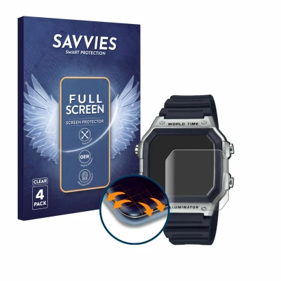Front side of a product packaging with the brand logo Savvies. Next to it is the device Casio AE-1200WH shown with the corresp