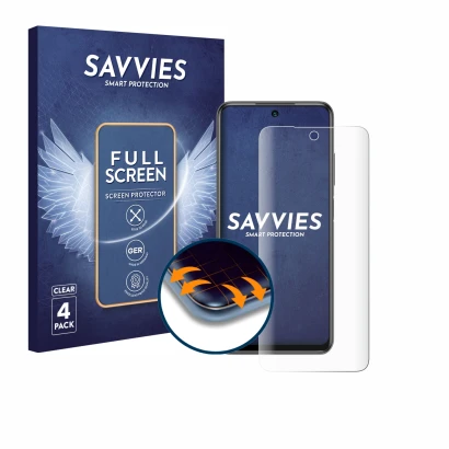 Front side of a product packaging with the brand logo Savvies. Next to it is the device Xiaomi Redmi Note 10 5G shown with the