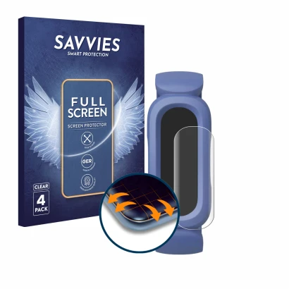 Front side of a product packaging with the brand logo Savvies. Next to it is the device Fitbit Ace 3 shown with the correspond