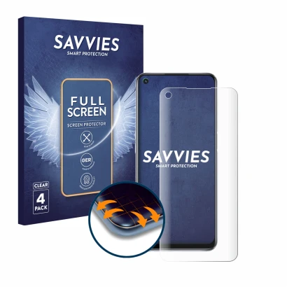 Front side of a product packaging with the brand logo Savvies. Next to it is the device Oppo A54 5G shown with the correspondi