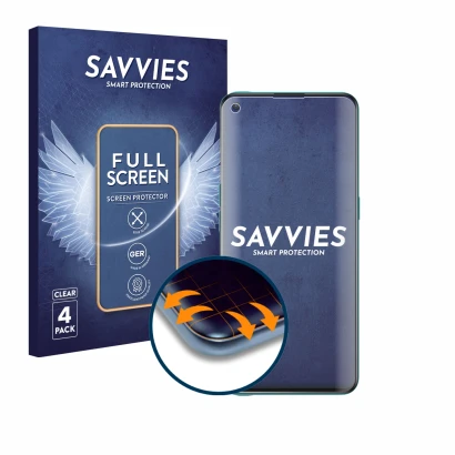 Front side of a product packaging with the brand logo Savvies. Next to it is the device OnePlus Nord CE 5G shown with the corr