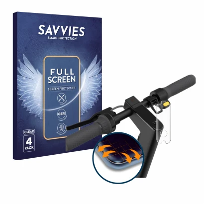 Front side of a product packaging with the brand logo Savvies. Next to it is the device Segway Ninebot KickScooter MAX G30D II
