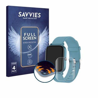 Front side of a product packaging with the brand logo Savvies. Next to it is the device Pubu Smartwatch shown with the corresp