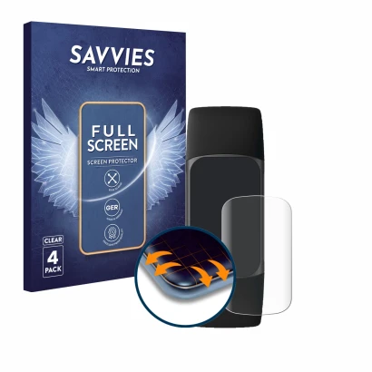 Front side of a product packaging with the brand logo Savvies. Next to it is the device Fitbit Charge 5 shown with the corresp
