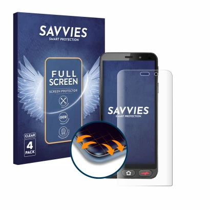 Front side of a product packaging with the brand logo Savvies. Next to it is the device Brondi Amico S Nero shown with the cor