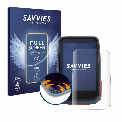 Front side of a product packaging with the brand logo Savvies. Next to it is the device Sigma ROX 4.0 shown with the correspon