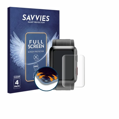 Front side of a product packaging with the brand logo Savvies. Next to it is the device Huawei Watch D shown with the correspo