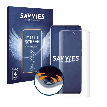 Front side of a product packaging with the brand logo Savvies. Next to it is the device Xiaomi 12 shown with the corresponding