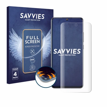 Front side of a product packaging with the brand logo Savvies. Next to it is the device Xiaomi 12X shown with the correspondin