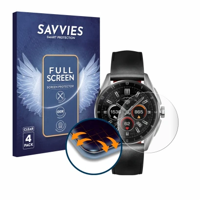 Front side of a product packaging with the brand logo Savvies. Next to it is the device TAG Heuer Connected Calibre E4 (42 mm)