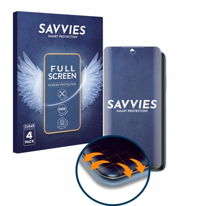 Front side of a product packaging with the brand logo Savvies. Next to it is the device Xiaomi Redmi 10 (2022) shown with the 