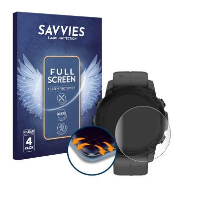 Front side of a product packaging with the brand logo Savvies. Next to it is the device Garmin Descent G1 shown with the corre