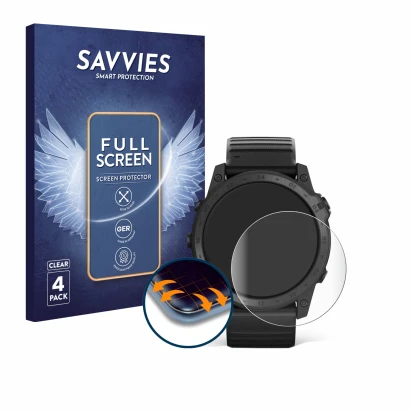 Front side of a product packaging with the brand logo Savvies. Next to it is the device Garmin Tactix 7 Pro shown with the cor
