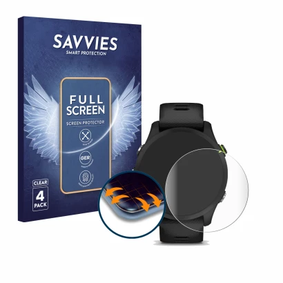 Front side of a product packaging with the brand logo Savvies. Next to it is the device Garmin Forerunner 255 shown with the c