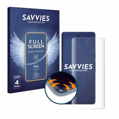 Front side of a product packaging with the brand logo Savvies. Next to it is the device Google Pixel 7 shown with the correspo