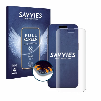 Front side of a product packaging with the brand logo Savvies. Next to it is the device Apple iPhone 14 Pro Max shown with the