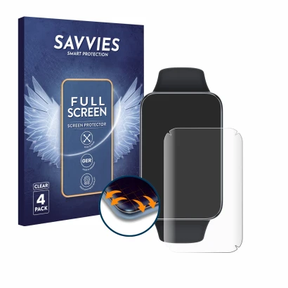 Front side of a product packaging with the brand logo Savvies. Next to it is the device Xiaomi Smart Band 7 Pro shown with the