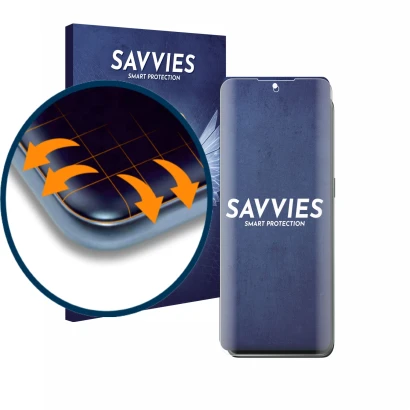 Front side of a product packaging with the brand logo Savvies. Next to it is the device OnePlus 10T 5G shown with the correspo