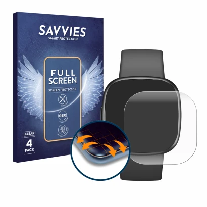 Front side of a product packaging with the brand logo Savvies. Next to it is the device Fitbit Sense 2 shown with the correspo