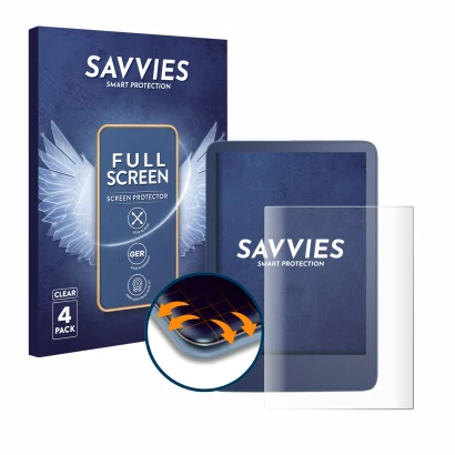 Front side of a product packaging with the brand logo Savvies. Next to it is the device Amazon Kindle Reader 2022 shown with t