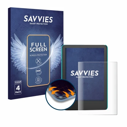 Front side of a product packaging with the brand logo Savvies. Next to it is the device Amazon Kindle Kids (2022) shown with t