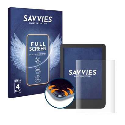 Front side of a product packaging with the brand logo Savvies. Next to it is the device Tolino Shine 4 shown with the correspo