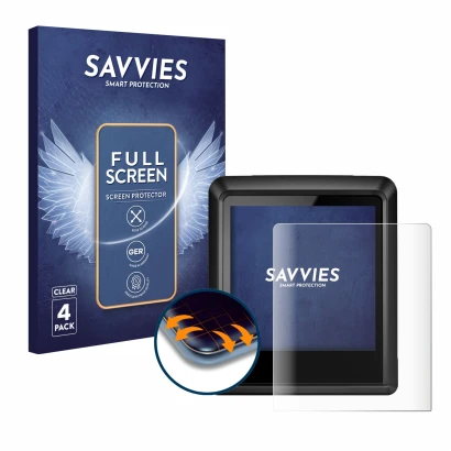Front side of a product packaging with the brand logo Savvies. Next to it is the device Bosch Intuvia 100 shown with the corre