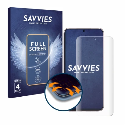 Front side of a product packaging with the brand logo Savvies. Next to it is the device Samsung Galaxy S23 shown with the corr