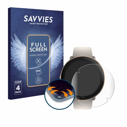 Front side of a product packaging with the brand logo Savvies. Next to it is the device Polar Ignite 3 shown with the correspo
