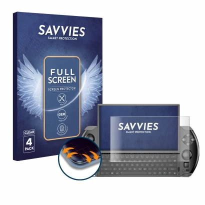 Front side of a product packaging with the brand logo Savvies. Next to it is the device GPD Win 4 shown with the corresponding
