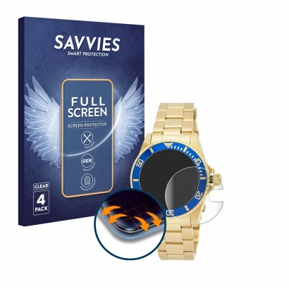 Front side of a product packaging with the brand logo Savvies. Next to it is the device Invicta Pro Diver 8930OB (40mm) shown