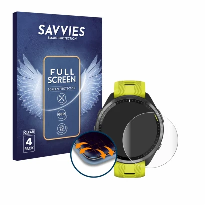 Front side of a product packaging with the brand logo Savvies. Next to it is the device Garmin Forerunner 965 shown with the c
