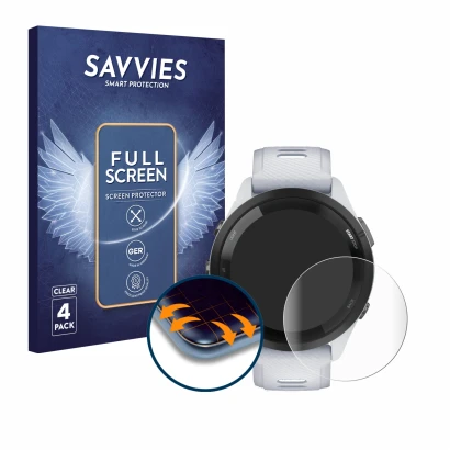 Front side of a product packaging with the brand logo Savvies. Next to it is the device Garmin Forerunner 265 (46 mm) shown wi