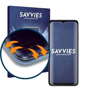 Front side of a product packaging with the brand logo Savvies. Next to it is the device Nokia G22 shown with the corresponding